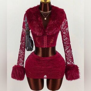 Burgundy Faux Fur and Lace Two-Piece Skirt Set